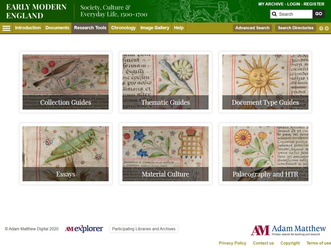 Research Tools tab showing thumbnails for guides, essays and other features